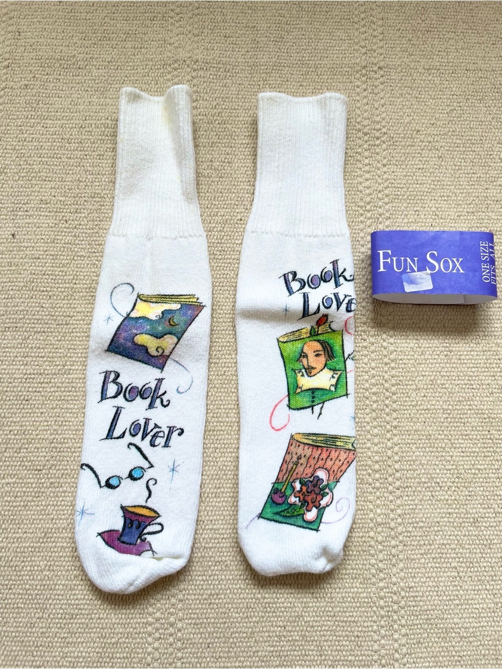 Vintage 90s Book lovers Socks Fun Sox Cozy Crew Socks
